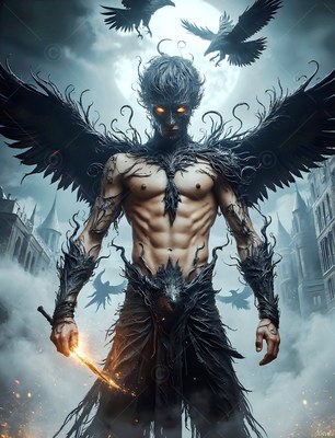 A winged man stands holding a flaming dagger under a pale full moon