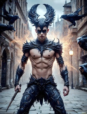 A shirtless man in spiked black armor stands in a stone street surrounded by flying ravens