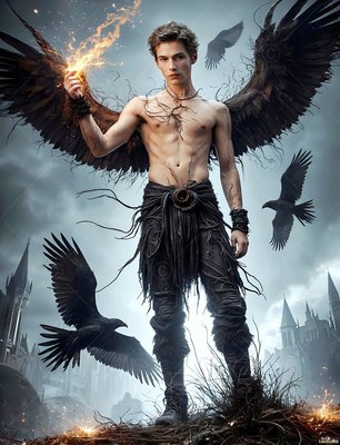 Before castle spires, a winged young man grips fire surrounded by black ravens