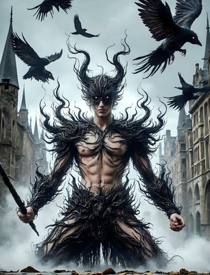 Kneeling in white mist, a horned man in black armor looks forward as ravens fly above