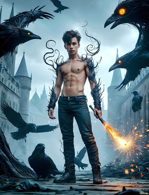 Shirtless young man with black ravens outside a castle