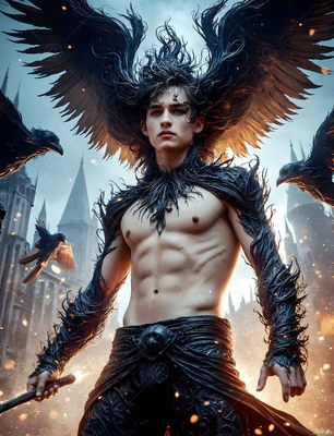 Black feathery wraps cover the arms of a shirtless man with dark wings before castle spires