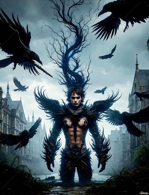 Standing facing forward in a misty city street, a man wears spiky black raven armor