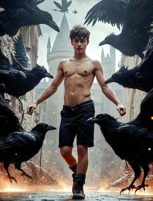 In a castle courtyard, a shirtless man walks forward among large black ravens