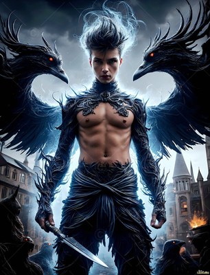 Holding a dagger, a bare-chested young man stands flanked by two black ravens