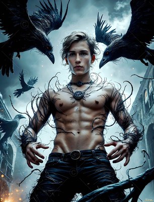 Bare-chested with dark vines on his arms, a young man stands outside castle walls surrounded by flying black ravens