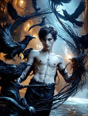 A shirtless young man summons black ravens in a dark street with pale blue light