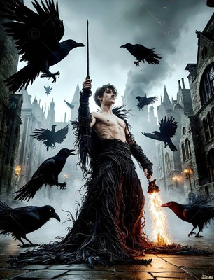 A shirtless man in dark robes raises a wand surrounded by black ravens outside a castle