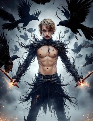 Holding twin fiery wands, a bare-chested young man poses standing surrounded by black ravens in flight