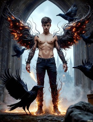 A shirtless young man poses standing with dark feathered wings as ravens fly around bright sparks
