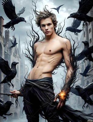 Standing shirtless in a city street, a young man is surrounded by black ravens