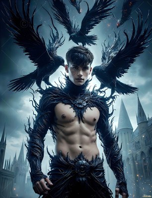 A shirtless young man stands outside a castle with black ravens landing on his shoulders