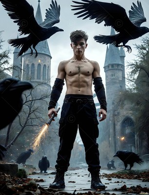 Standing with a sparking wand, a shirtless man is surrounded by black ravens outside castle towers