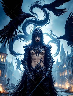 A pale man in black armor stands as large black ravens fly overhead
