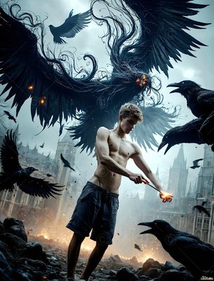 Bare-chested in dark shorts outside a castle, a man holds a lit wand while large black ravens fly around him