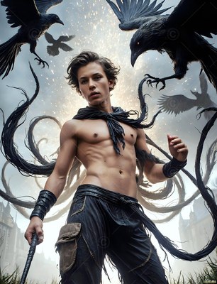 Low angle of a shirtless young man outdoors surrounded by flying black ravens