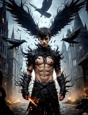 A shirtless man in black armor stands in a castle courtyard with black ravens flying around him