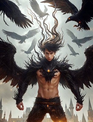 Above castle towers, a winged man stands surrounded by flying black birds