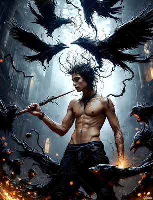 Holding a thin staff, a shirtless young man stands encircled by large black ravens