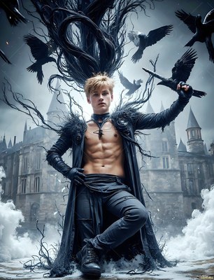 In an open black coat outside a stone castle, a bare-chested blond man crouches beside black ravens