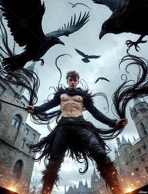 Standing wide in a castle courtyard, a shirtless man summons black ravens overhead