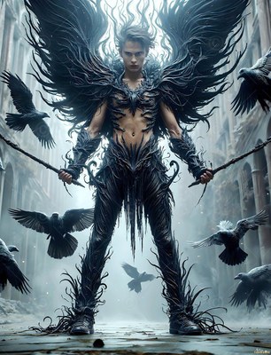 On a stone courtyard, a winged man in black thorny armor stands with ravens around him