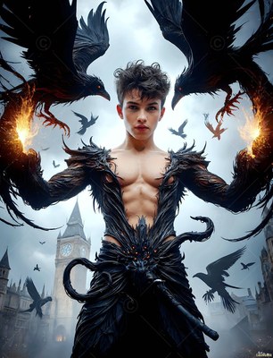 Bare-chested in black feather armor, a young man raises black ravens outside a castle tower clock