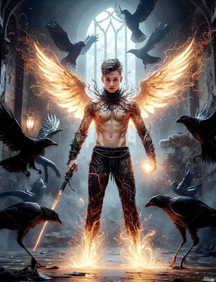 A shirtless young man poses standing with fiery wings surrounded by black ravens inside a stone hall