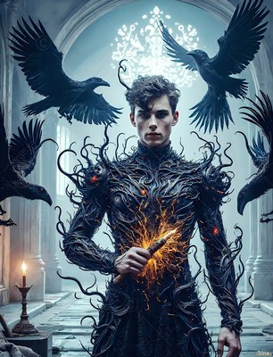 In a stone hall, a young man holds a sparkling wand as black ravens fly around him