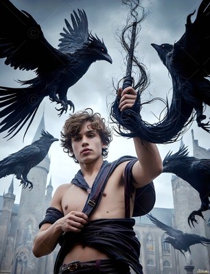 Holding up a staff, a young shirtless man stands surrounded by black ravens outside a castle
