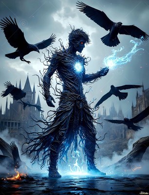 Tangled vine body defines a dark man summoning blue magic by a castle as black ravens fly around him