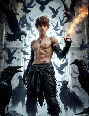 A shirtless young man clasps up a burning torch among black ravens in cool white light