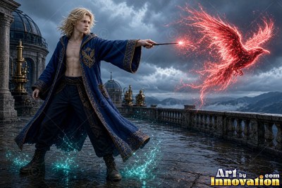 Standing on a castle balcony, a blond man casts a fiery red raven with his wand