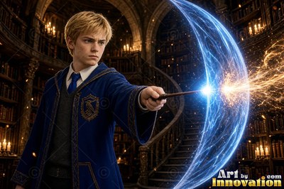 A young blond man in a blue robe points a wand to make a blue shield in a library