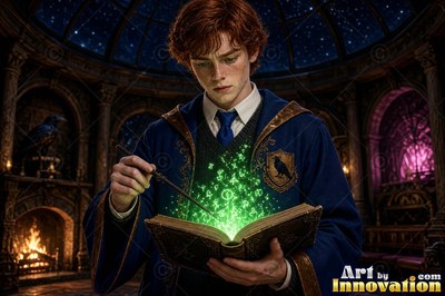 In a stone hall, a young man in blue robes points a wand at a green spell book