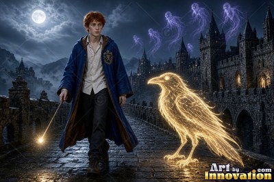 Walking at night, a young man in blue robes guides a bright gold bird beside a castle