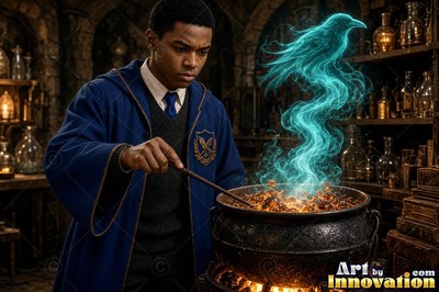 A young man in blue robes conjures a smoke raven over a cauldron