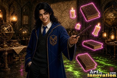 Wearing a blue robe in a stone study, a smiling man points his wand at floating books