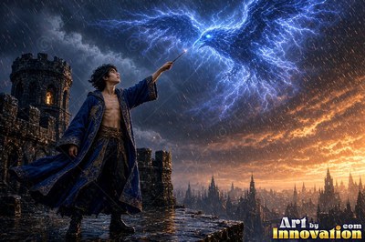 A young man in a blue robe points his wand at a bright lightning raven in the rain
