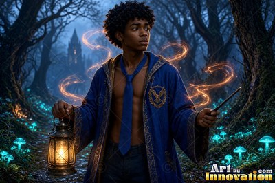 A young man holds a lantern and wand along a dark forest trail