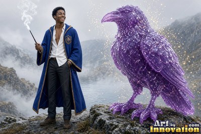 On a misty cliff, a smiling man in a blue robe stands by a purple glass raven