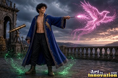 Casting a spell with a wand, a shirtless young man conjures a bright pink raven on a balcony