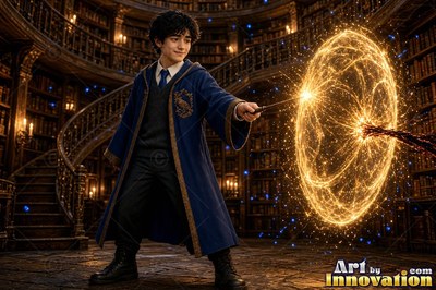 A young man in blue robes casts a bright golden shield inside a library