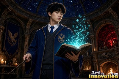 Wearing a blue school robe, a young man holds an open spellbook in a dark hall