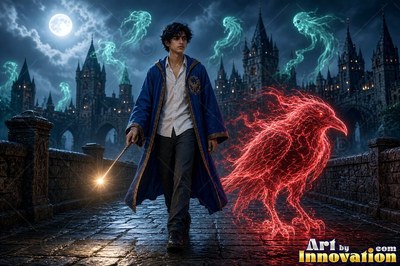 A young man in a blue robe walks with a wand beside a red fiery raven under the moonlit sky
