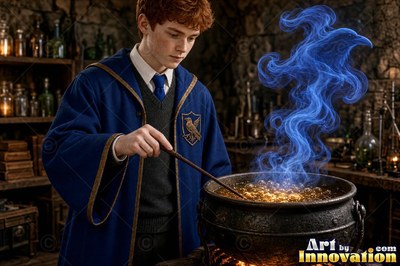 Leaning over a cauldron in a stone room, a young man stirs blue smoke