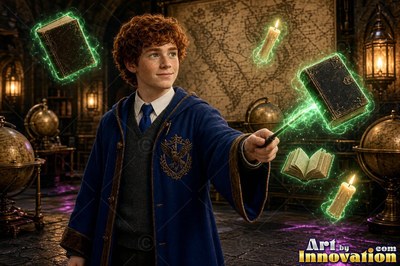 A young man in a blue robe points a wand to float books and candles in a library