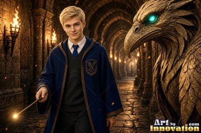 In a stone hall, a young blond man in a blue robe holds a lit wand beside a bird statue