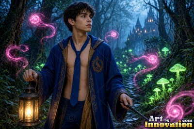 Holding a lantern and wand, a young bare-chested man walks in dark woods near a castle