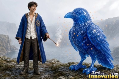 Young man in a blue robe points his wand at a clear blue raven